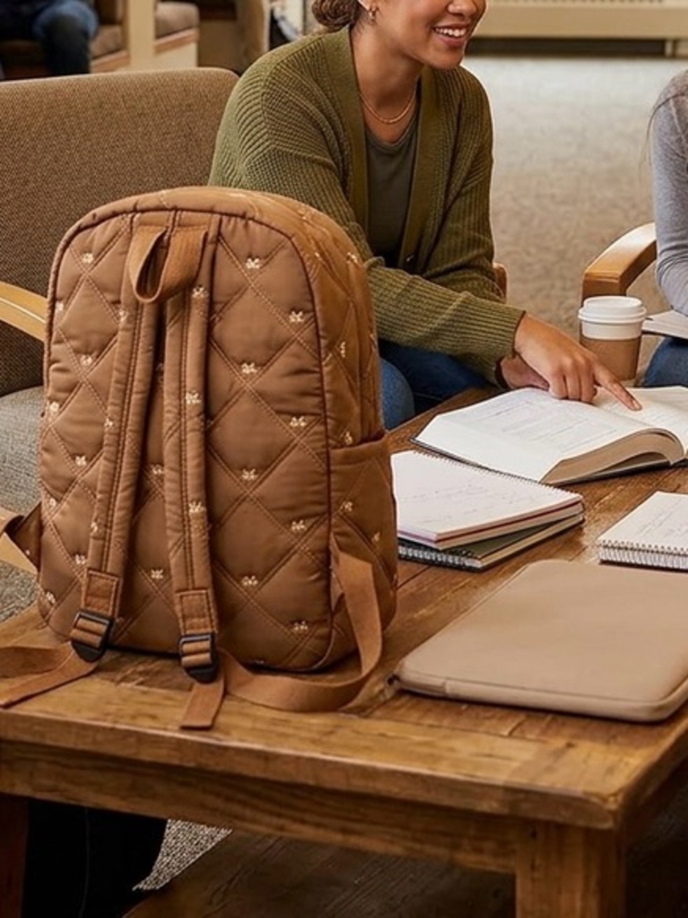 Quilted Tan Women's Backpack - Stylish Everyday Bag - Picture 2 of 3